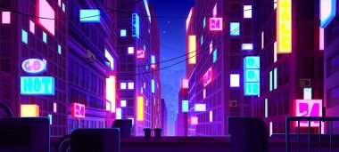 Şehir merkezindeki gece lambası levhası bina perspektifi manzaralı. Soyut gelecek şehir manzarası yol oyunu panoraması. 2D siber fütüristik metaevren bölge ortamı. Anime gökdelen bayrağı