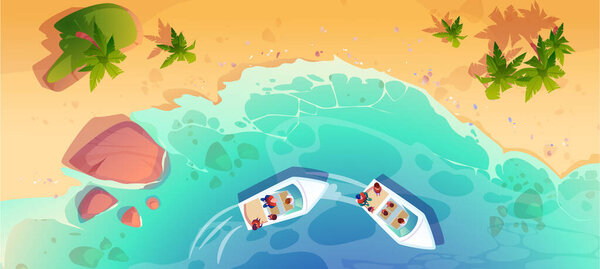 Sea water and beach shore top view cartoon background. Aerial summer ocean island design with children on boat. Beautiful sand coat topview wallpaper. Abstract sandy surface in clear lagoon nature