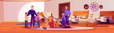 Kadın kıyafetleri giymiş, elleri bağlı bir şekilde otel odasında iki erkek ve ergen çocuk, hazine sandığı ve piposu olan bir çantayla suçüstü yakalandı. Çizgi film vektör illüstrasyonu