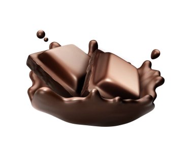 Üç boyutlu koyu çikolatalı çikolata parçası ve kıvrımlı bir vektör. Sıcak eritilmiş çikolatalı milkshake. Kahverengi şeker sosu veya içecek akışı ve serpinti grafiği. Akışkan ganache doku ikonu. Gerçekçi kremalı kakao tasarımı
