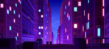 Şehir merkezinde bir gece. Neon Light City arka planı. Fütüristik binayla perspektif şehir manzarası. Pencere parıltısıyla soyut metazır bölge manzarası. Siber karanlık şehir çatısı oyunu panoraması