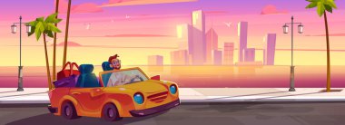 Bir adam çantalarında valizleriyle Cabriolet araba kullanıyor ve gün batımında ya da gün doğumunda şehir manzaralı nehir ya da deniz sahili boyunca çantalar taşıyor. Çizgi film yönetmeni mutlu erkek sürücü.