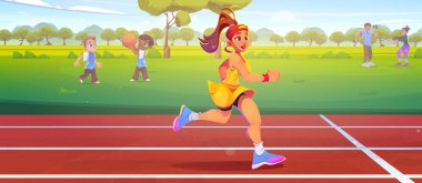 Stadyumda koşan genç bir kadın. Kadın sporcunun vektör karikatür çizimi, maraton antrenmanı, yaz parkında top oynayan çocuklar, sabah egzersiz yapan insanlar, açık havada spor yapan insanlar.