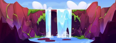 Tropik şelale manzarası. Yeşil yosunlarla kaplı kayalardan akan hızlı nehir akışının, göl yüzeyindeki taş adaların, karanlık peri masalı mağaralarının güzel manzarasının vektör çizimi.