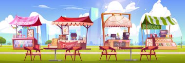 Şehir parkında fast food ve içki tezgahları ve sandalyeli masalar. Ufukta gökdelenler olan kasaba bahçesinde dondurma, hamburger, kahve ve şehriye ile çizgi film yemek festivali standı.