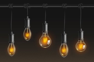 Filament gerçekçi vektörlü klasik bir ampul ışığı. Arka tavan iç dekorasyon için parlak lamba asıyor. Veranda dekorasyonu için kordondaki antika elektrikli parlak nesne. Lüks parlak element