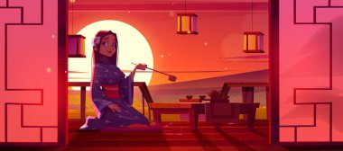 Asyalı kız geleneksel çay seremonisi yapıyor. Doğulu kimonolu güzel bir kadının vektör karikatür çizimi minderde oturuyor, tencere ve su ısıtıcısı olan ahşap masa, gün batımı manzaralı ahşap veranda.