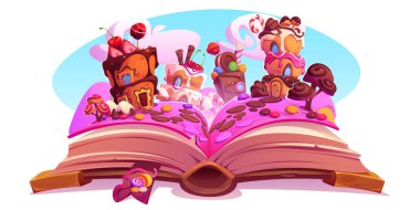 Open paper book with illustration of tale about magic candy land with houses and trees made from cakes and chocolate, berries and caramels. Cartoon vector of fairytale with dream world on pages. clipart