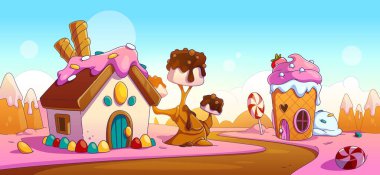 Fantezi şeker diyarı, yol kenarındaki evler pasta ve dondurmadan yapılmış ağaçlar, çikolata ve lokum, karamel ve kurabiyeler. Tatlı tatlı rüya dünyasının çizgi film çizimi.