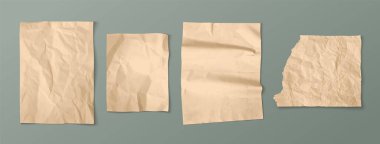 Kırışıklıkları olan kahverengi el işi kâğıdı. Albüm ve kolaj tasarımı için buruşmuş vintage çarşaf. Gerçekçi 3d vektör illüstrasyon kümesi buruşuk boş not modeli. Yırtılmış karton şeritler.