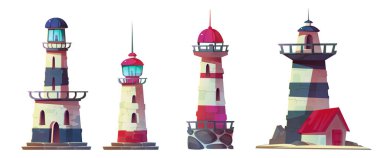 Navigasyon fenerli klasik deniz feneri. Güvenli deniz ve okyanus gemisi yolculuğu için farklı eski işaret kulesinin çizgi film vektör çizimi. Deniz kıyısı manzarası için donanma gece rehberi.