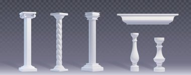 Şeffaf arkaplanda beyaz mermer sütunlar var. Antika inşa etmenin veya ön cephe elementlerinin, antik Roma ya da Yunan tapınağının ya da lüks saray dekorasyonunun gerçekçi bir temsili.