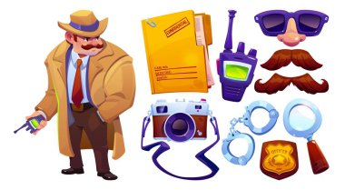 Detective spy in hat. Private inspector equipment icon set. Police investigate crime with camera, magnifying glass. Man holding secret radio transmitter. Agent in overcoat isolated illustration clipart