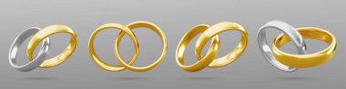 Altın ve gümüş çift yüzüğü. Üç boyutlu evlilik mücevher taşıyıcısı. İki altın düğün mücevheri. Gerçekçi karı koca kutlama sembolü. Etkinlik için beyaz platin evlilik çemberi çifti. Aşk hediyesi.