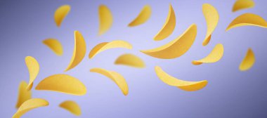 Mavi arka plan ve kızarmış patates cipsi. Gerçekçi 3D vektör illüstrasyonunda kızarmış ya da fırınlanmış dalgalı dilimler tuzlu baharatlı çıtır aperatif. Çıtır çıtır pişmiş altın sebze kökü parçaları.