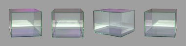 Farklı açılardan şeffaf cam küp ürün podyumu. Görüntü ve sunum için gerçekçi 3d kristal veya pleksiglas kare vektör kümesi. Geometrik gösteri modeli.
