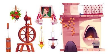 Eski bir Rus köyü mutfağı. Eski nesnelerin içindeki kırsal evin karikatür vektör çizimi - ateş ve perdeli taş soba, ahşap dönme dolap, gaz lambası.