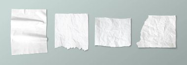 Kırışıklıkları olan yırtık bir defter kağıdı. Damalı desenli buruşuk beyaz bir çarşaf. Buruşuk boş defter ve kolaj tasarımı malzemelerinin gerçekçi 3d vektör çizimi. Not modeliName.