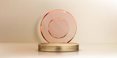 Ahşap silindir ürün podyumu, kahverengi cam çember dekorasyonlu bej renkli renkli stüdyo odası, duvarında ve zemininde gölgesi var. Gerçekçi 3d vektör gösterisi ahşap platform. Asgari görüntü aşaması.