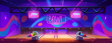 Empty bowling center interior with alley and pins, colorful bowl balls in return mechanism, scoreboard screens and neon glow sign. Cartoon vector illustration of indoor active team game club. clipart