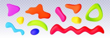 Soyut parlak renkli plastik kil şekilli. 2k estetik tasarım için çocuksu sıvı karalama elementlerinin gerçekçi 3d vektör çizimi. Moda geometrik sıvı balon dekorasyonu.