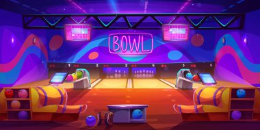 Bowling game alley. Empty play club with lane for ball. Indoor leisure interior for tournament with skittles equipment panoramic illustration. Wooden floor and neon led lamp in modern building clipart