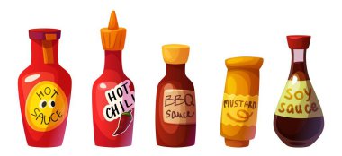 Plastik ve cam şişede sos. Baharatlı sos karikatür vektör çizimi - acı biber ve bbq, hardal ve soya. Baharat soslu bir kap. Ürün ambalajını tat.