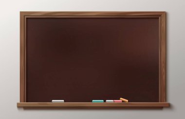 Okul karatahtası arka planda izole edilmiş. Rafta tebeşir parçaları olan kahverengi yazı tahtasının vektör gerçekçi çizimi, ofis sunumu veya sınıf içi unsur, eğitim ekipmanı