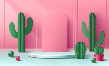 Pembe arka planda yuvarlak podyum ve kaktüs. Ürün sunumu, kaktüs saksısı, yerdeki dekoratif boncuklar, kozmetik sergisi iç tasarımı için beyaz sahnenin gerçekçi temsili.