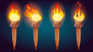 Meşale ateşi siyah arka planda izole edildi. Ortaçağ sarayı, zindan ya da mağara aydınlatması için antik fener, kalenin meşale ışığı, ahşap sapında yanan parlak alevin vektör çizimi