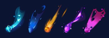 Uzay kuyrukluyıldızları siyah arkaplanda izole edildi. Mavi buz, turuncu ateş, mor izler, göktaşı yağmuru, yabancı galaksi elementleriyle gökyüzünde uçan neon rengi asteroit kayalarının vektör çizimi