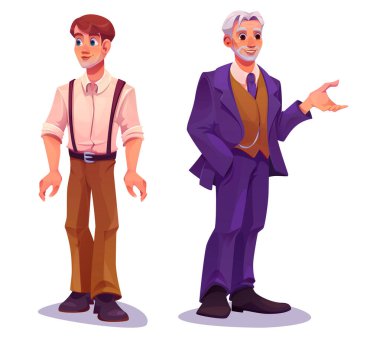 Genç ve yaşlı adamlar beyaz arka planda izole edilmiş. Tişörtlü, yakışıklı, gülümseyen, gri saçlı, iş elbisesi giyen, insan hayatı ve yaşlanan yaşlı erkek karakterinin vektör çizimi.