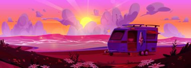 Gün batımında ya da gün doğumunda kumlu, otlu ve papatyalı açık deniz ya da göl kıyısında duran karavan karavanı. Pembe yaz okyanus manzarası. Kamp arabasıyla kamp yapıyor..