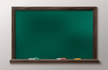 Okul karatahtası arka planda izole edilmiş. Rafta tebeşir parçaları olan kahverengi yazı tahtasının vektör gerçekçi çizimi, ofis sunumu veya sınıf içi unsur, eğitim ekipmanı