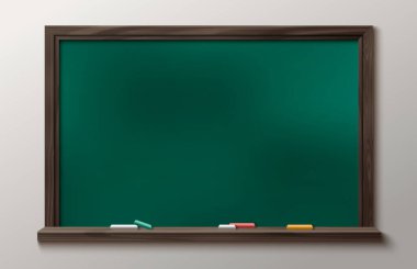 School blackboard isolated on wall background. Vector realistic illustration of brown chalkboard with pieces of chalk on shelf, office presentation or classroom interior element, education equipment clipart