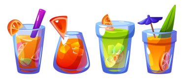 Meyve kokteylleri beyaz arka planda izole edilmiş. Buzlu limonata, taze nane şekeri ve limon, portakal, yaz barı ikonlarıyla dolu turuncu bardakların vektör çizimi.