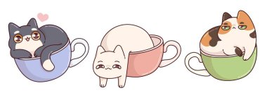 Kawaii kedileri beyaz arka planda izole edilmiş. Tatlı kedi yavrusu karakterlerinin modern vektör çizimi kupa içinde oturup, yatarken, mutlu ve huysuz evcil hayvan, kahve dükkanı için komik çıkartmalar