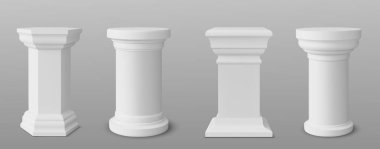 Dört kare, altıgen ve yuvarlak beyaz sütunlar eşsiz taban ve üst tasarım. Ürün gösterimleri ve podyumlar için antik heykel sahnesinin gerçekçi üç boyutlu vektör kümesi. Modern zarif mallar sergisi.