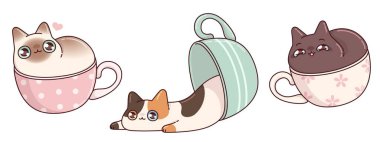 Kawaii kedileri beyaz arka planda izole edilmiş. Tatlı kedi yavrusu karakterlerinin modern vektör çizimi kupa içinde oturup, uzanarak, mutlu ve yorgun evcil hayvan, kahve dükkanı için komik çıkartmalar