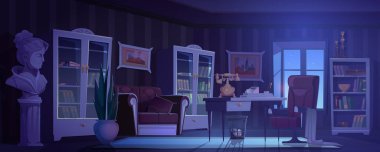 Karikatür, karanlık gece ofis içi, yumuşak kanepe ve sandalye, ahşap masa, klasik telefon, kitaplarla dolu kitap rafları, büst heykeli ve çömlekteki bitki, büyük pencereler gece gökyüzünü ortaya çıkarıyor..