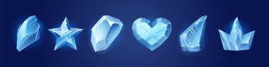 Crystal ice formations of different shapes - simple geometric stone and star, crown and heart with diamond pattern glow. Sparkling game resource elements of transparent facets with luminous edges. clipart