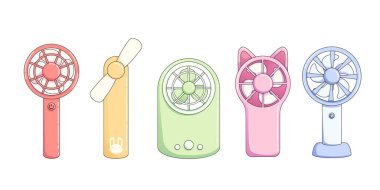 Ofis vektörü için taşınabilir ve elektrikli yaz vantilatörü. Bataryadaki masa için mini el vantilatörü simgesi. Hava akımı ve havalandırma için pervaneli kullanışlı iklim ekipmanları. Sevimli çocuksu kompakt aygıt