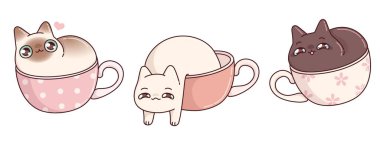 Kawaii kedileri beyaz arka planda izole edilmiş. Tatlı kedi yavrusu karakterlerinin modern vektör çizimi kupa içinde oturup, uzanarak, mutlu ve yorgun evcil hayvan, kahve dükkanı için komik çıkartmalar
