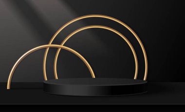 Siyah arka planda yuvarlak podyum ve altın halkalar. Lüks ürün sunum platformunun gerçekçi temsili, mücevher veya elit kozmetik için modern reklam galerisi, boş kaide