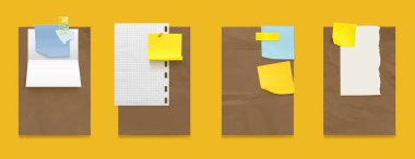 Kahverengi ve beyaz desenli, mavi ve sarı çıkartmalı not kağıdı şeffaf yapıştırıcı bant ve iğneyle yapıştırılmış. Gerçekçi 3d boş vektör düz ve buruşuk hatırlatıcı ve sayfa şablonu.