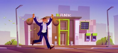 Takım elbiseli, isim rozetli bir adam elinde iki büyük para torbasıyla neşeyle bankadan kaçıyor. Dolar banknotları şehir manzarasında muzaffer bir şekilde gülümseyen erkek karakter etrafında uçuşuyor..