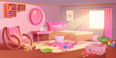 Dağınık oyuncaklarla, yastıklarla ve kitaplarla dolu pembe renkli yatak odaları. Modern mobilyalı oda - sallanan sandalye ve kitaplık, masa ve ayna, yatak ve perdeli pencere