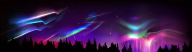 Kuzey Aurora ışığı. Gece gökyüzünde yeşil borealis. Kuzey kutbunda kutup eğrisi. Boreal manzaralı soyut Finlandiya bankası. Fiyortta seyahat illüstrasyonunda siyah ağaç tasarımı