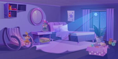 Gece yatak odası pencerenin altından ay ışığı altında. Mor renkli iç döşeme, sallanan sandalye ve yatak, kitaplık ve kutuda oyuncaklar, saksıda çiçekler ve vazoda laleler, üst çekmecede ayna..