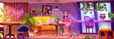 Köpek dostu kafede bir kadın. Kapuçino bardağı ve pastayla masada oturan kadın karakterin vektör çizimi, oyuncaklar, su ve hayvan maması kaseleriyle oynayan sevimli yavrular, duvardaki resimler.